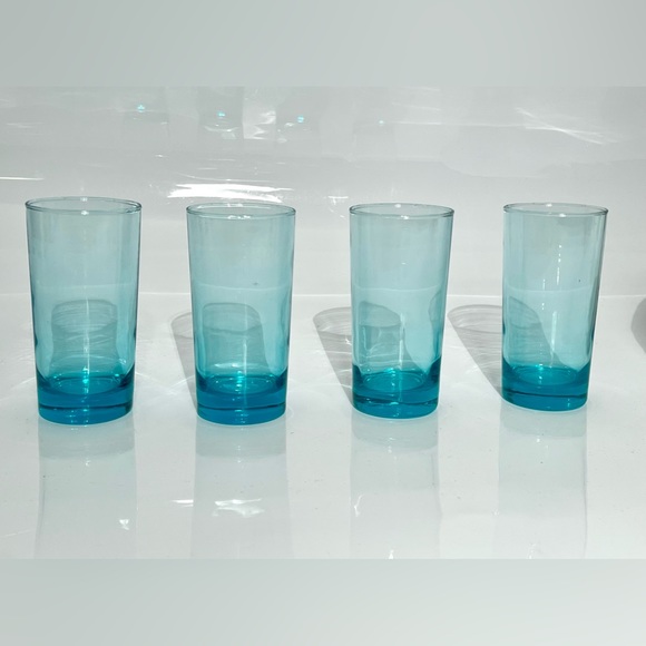 Aqua Blue Glass Tumblers / Tropical Cocktail Glasses Set of 4 - Picture 2 of 12